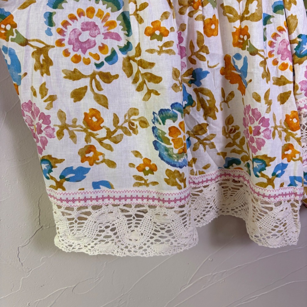 Christian Siriano Floral Crochet Linen Top Women Large Boho Peasant Square Neck - Picture 7 of 14